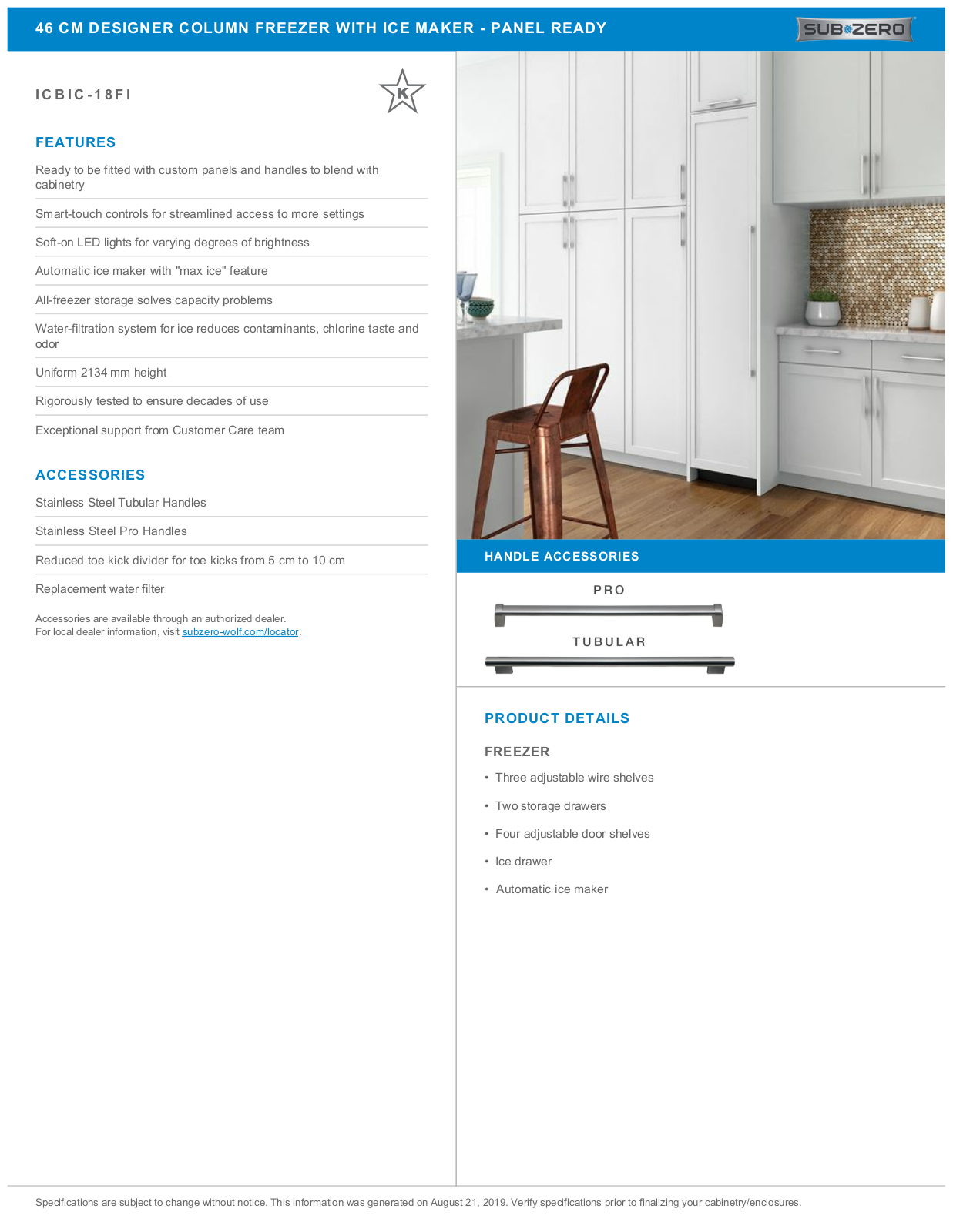 Sub-Zero ICBIC-18FI-LH, ICBIC-18FI-RH Specifications Sheet