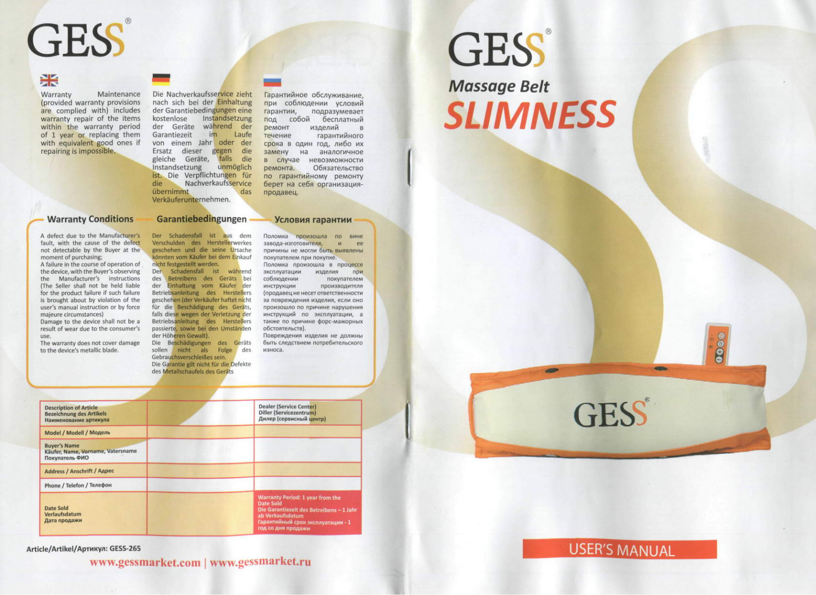 Gess SLIMNESS 265 User manual