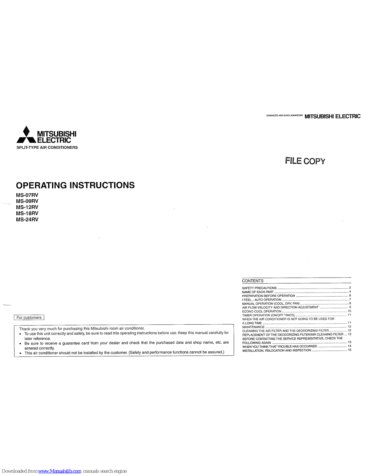 Mitsubishi MS-07RV, MS-18RV, MS-24RV, MS-09RV, MS-12RV Operating Instructions Manual