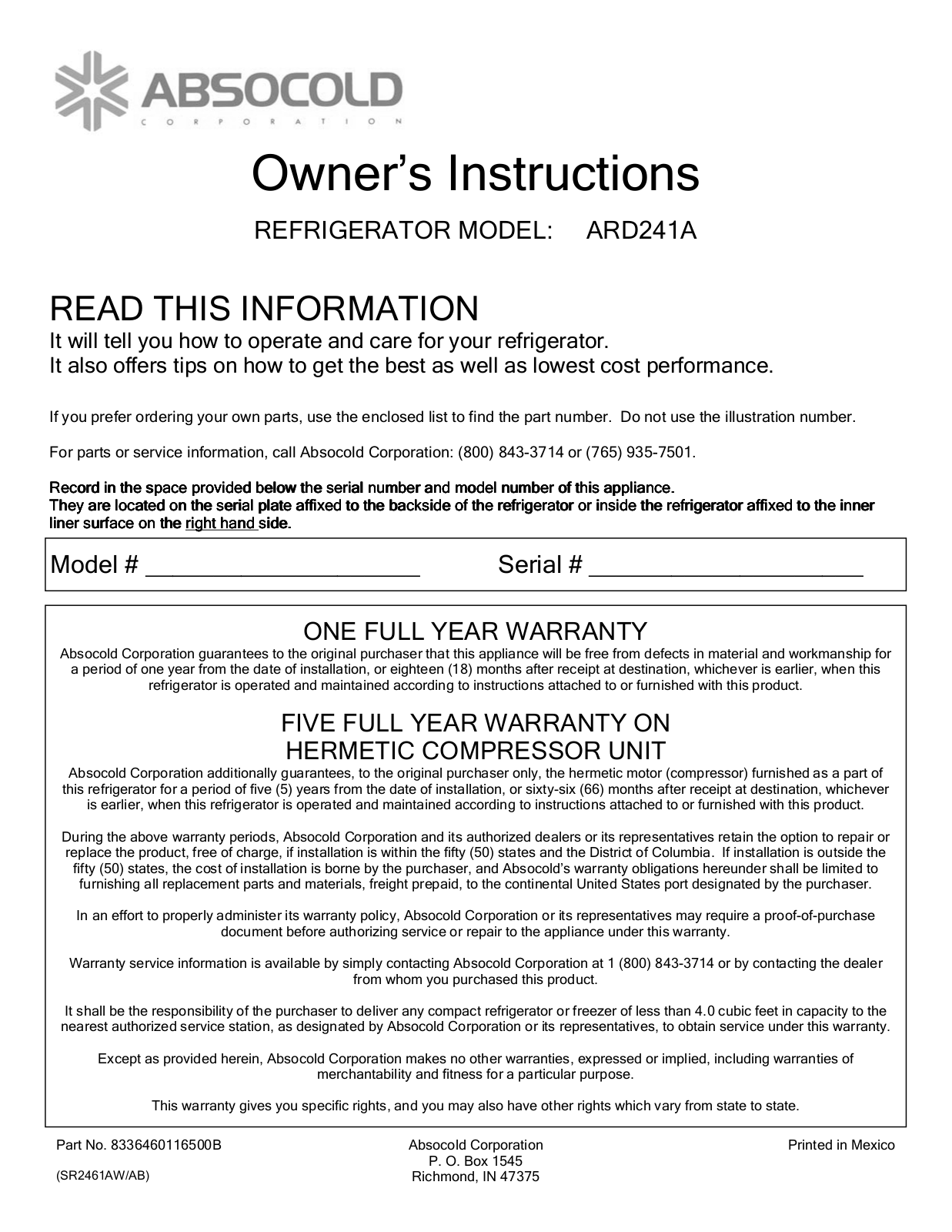 Absocold Corp ARD241A User Manual