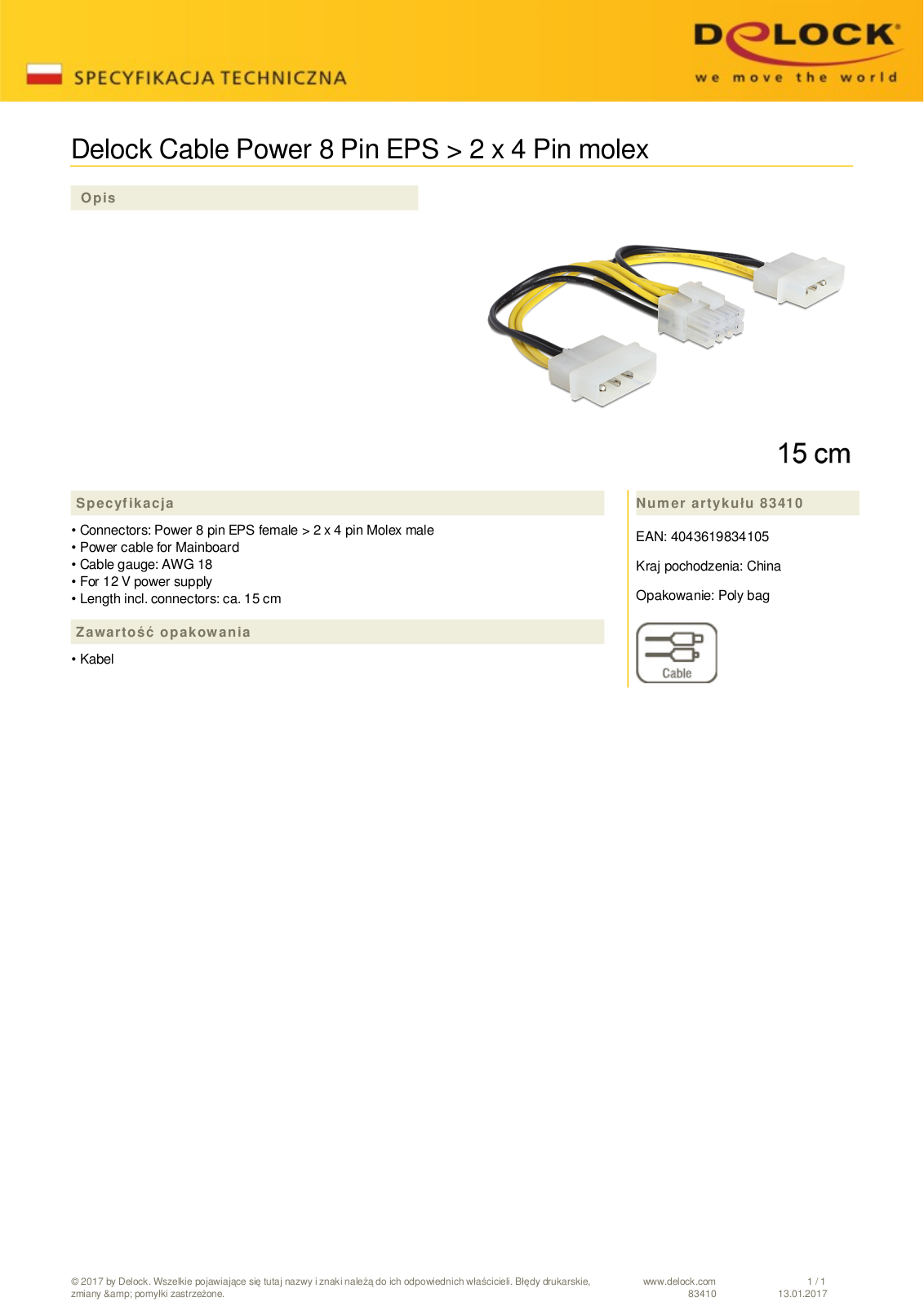 DeLOCK power adapter 8-Pin EPS on 2x 4-Pin, 15cm User Manual