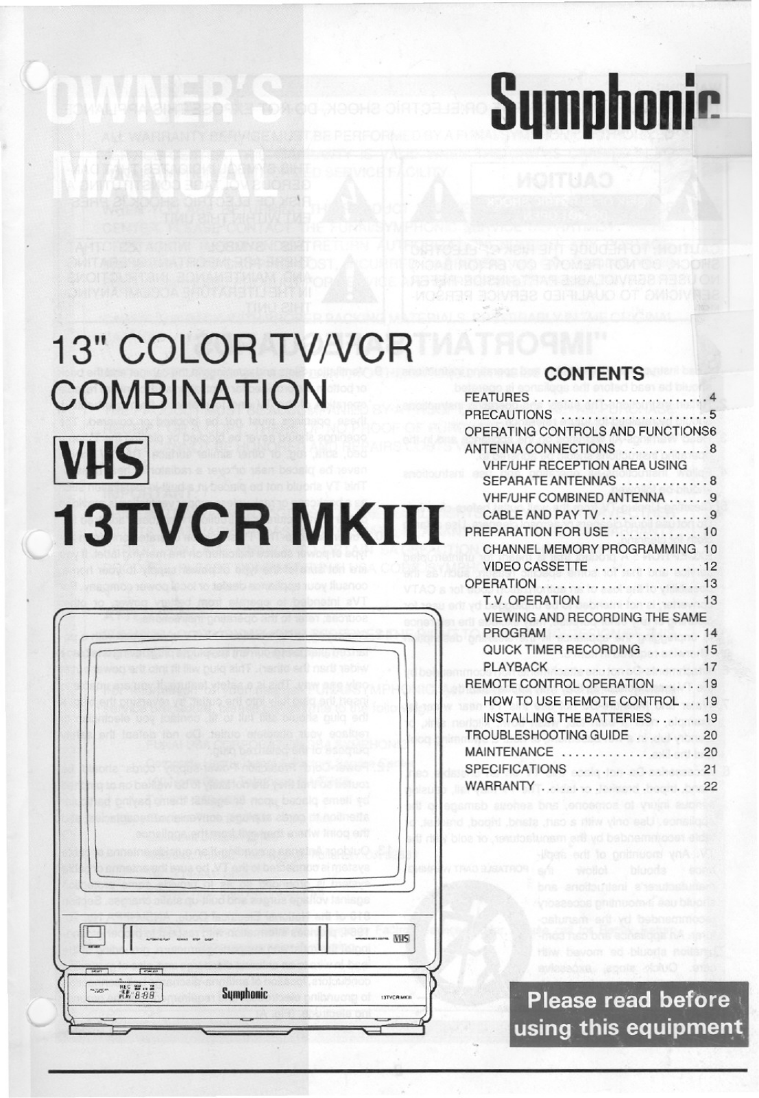 Symphonic 13TVCRMKIII User Manual