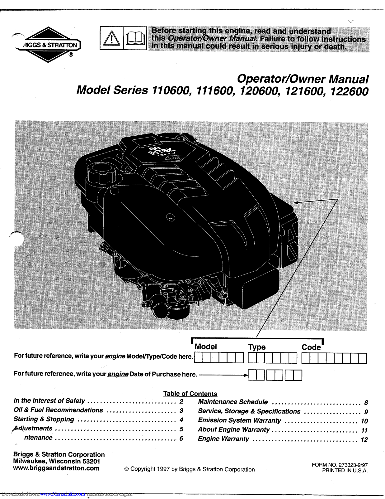 Briggs & Stratton 110600 series, 120600 series, 111600 series, 122600 series, 121600 series Owner's Manual