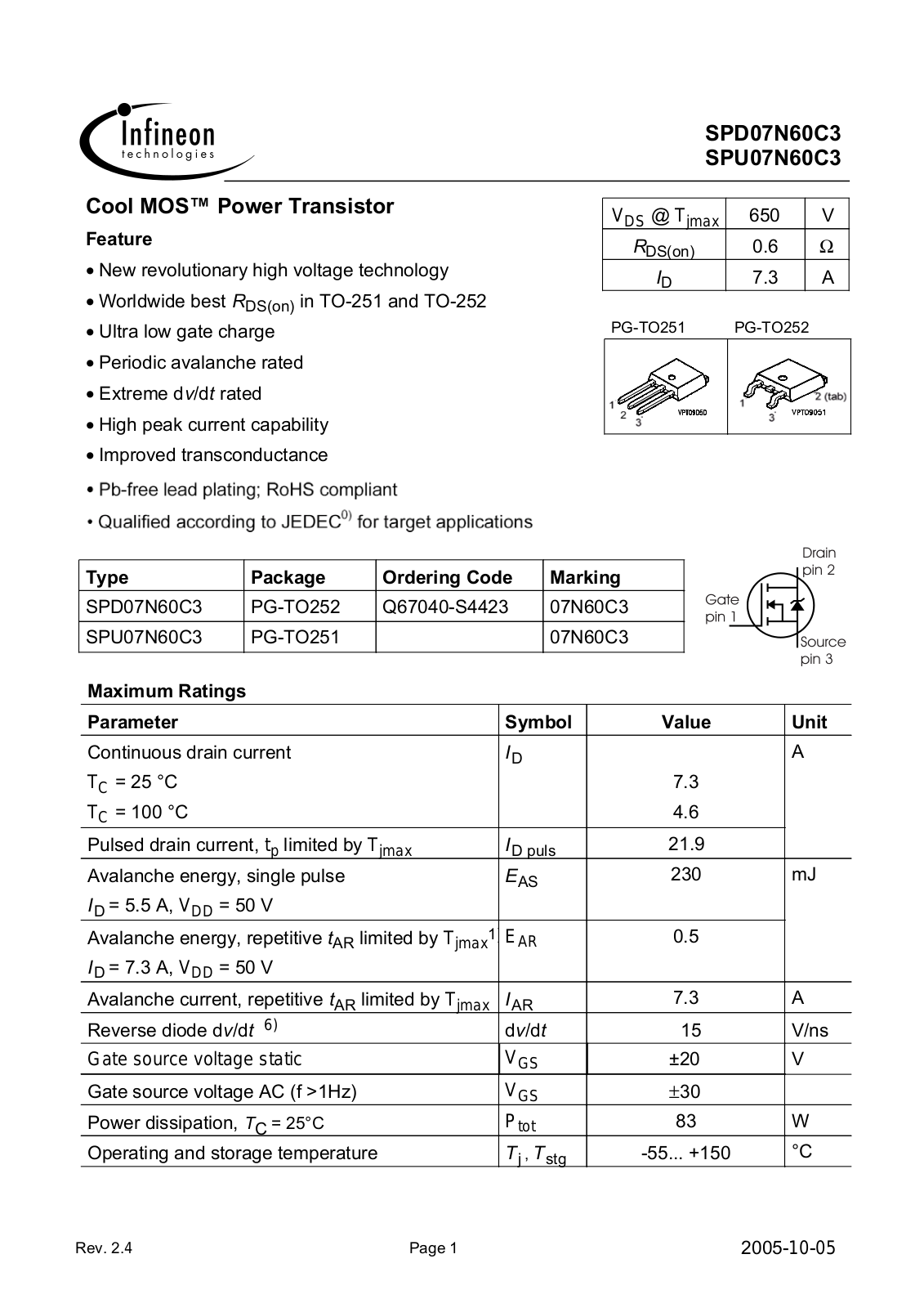 INFINEON SPD07N60C3, SPU07N60C3 User Manual