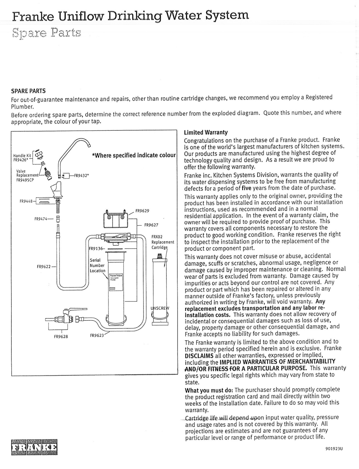 Franke Foodservice DW-100 Parts List