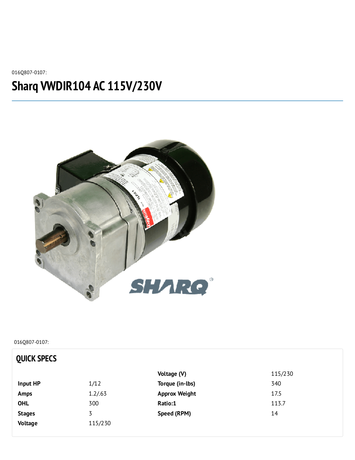 Bison Gear & Engineering 016Q807-0107 Data Sheet