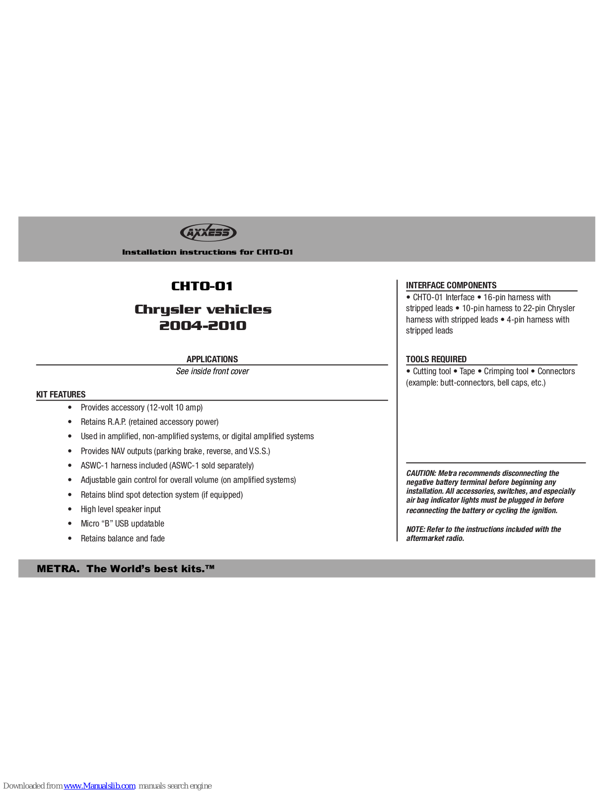 Axxess CHT0-01 Installation Instructions And Owner's Manual