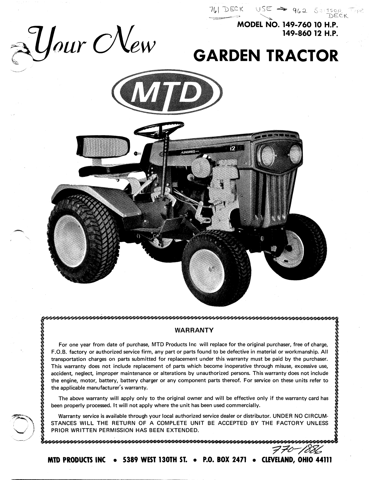 Bolens 149-760 10 H.P, 149-860 12 H.P User Manual