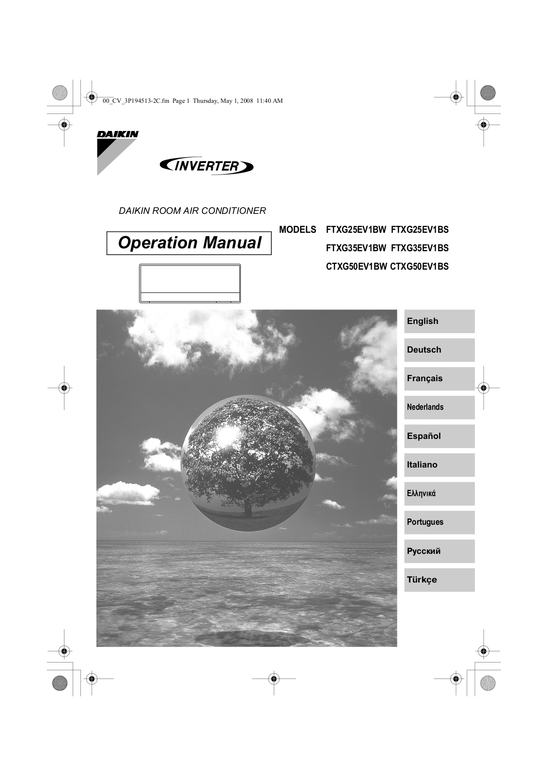 Daikin FTXG25EV1BW, FTXG35EV1BW, CTXG50EV1BW, FTXG25EV1BS, FTXG35EV1BS Operation manuals