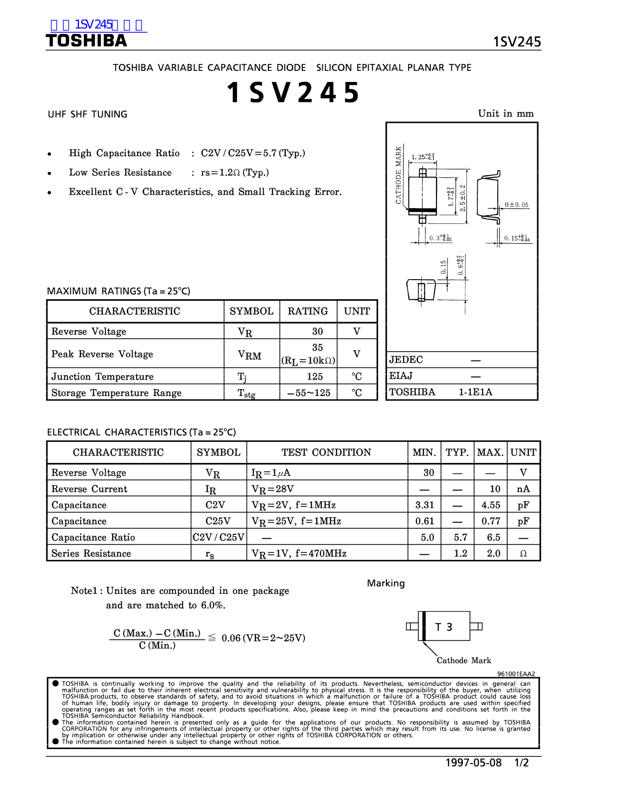 TOSHIBA 1SV245 Technical data