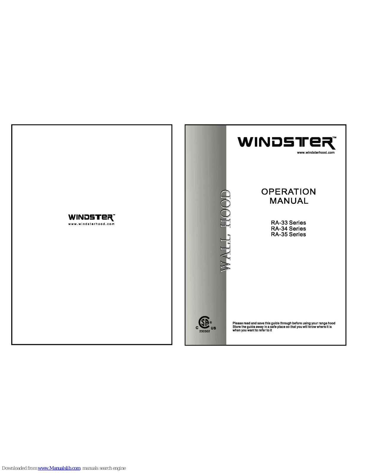 Windster RA=33 Series, RA-35 Series, RA-34 Series Operation Manual