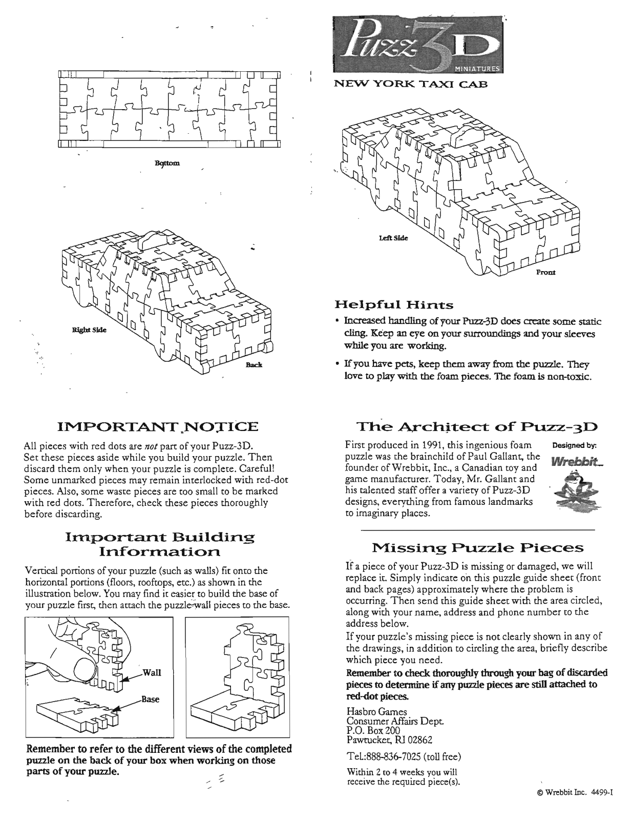 Hasbro PUZZ 3D MINIATURES NEW YORK TAXI CAB User Manual