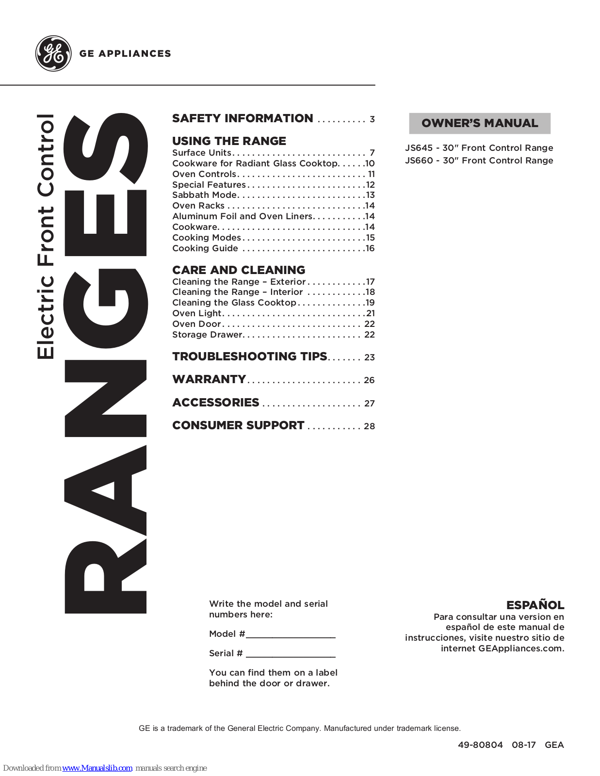 GE JS645, JS660 Owner's Manual