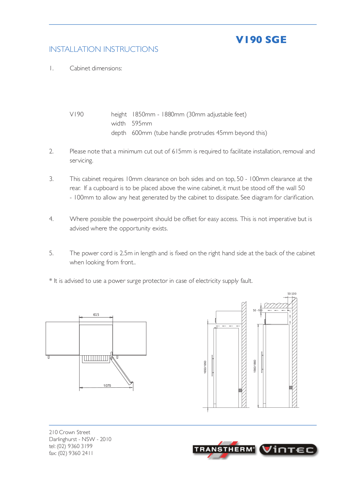 Vintec VIN190SGE2E-AL Installation Guide