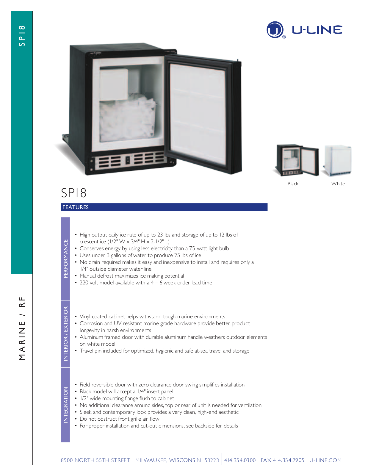 U-Line ULN-SP18B-20, ULN-SP18WH-03, ULN-SP18WH-20 Specification Sheet