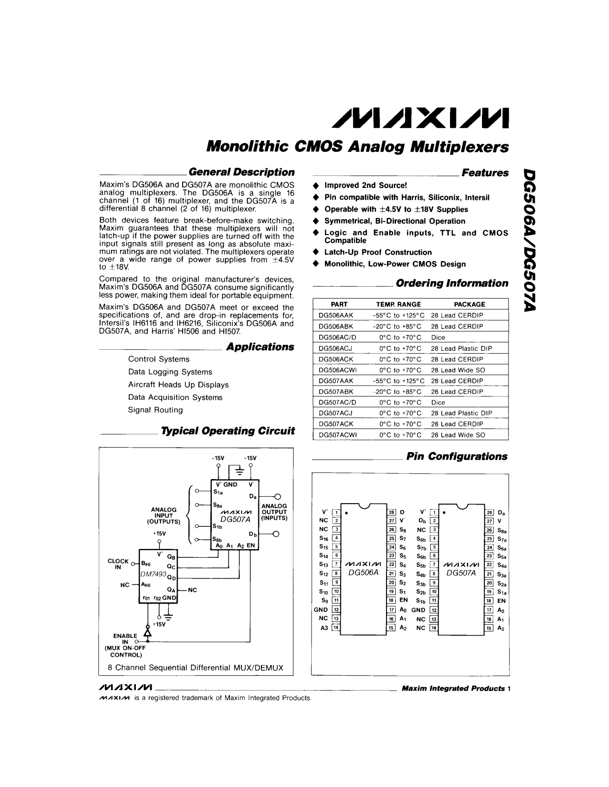 Maxim Integrated Producs DG507ACWI, DG507ACK, DG507ACJ, DG507ACD, DG507ABK Datasheet