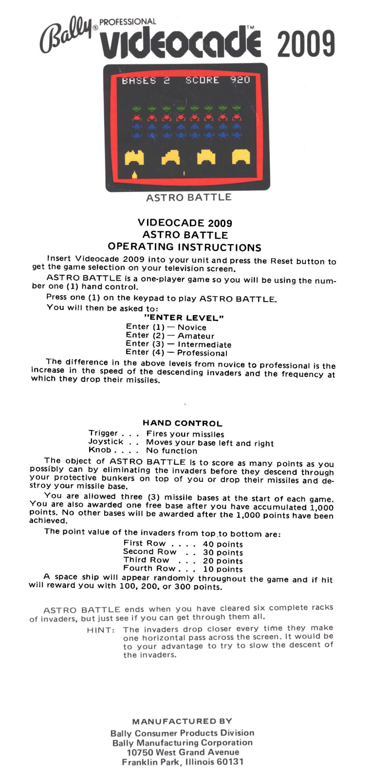 Bally Astro Battle User guide