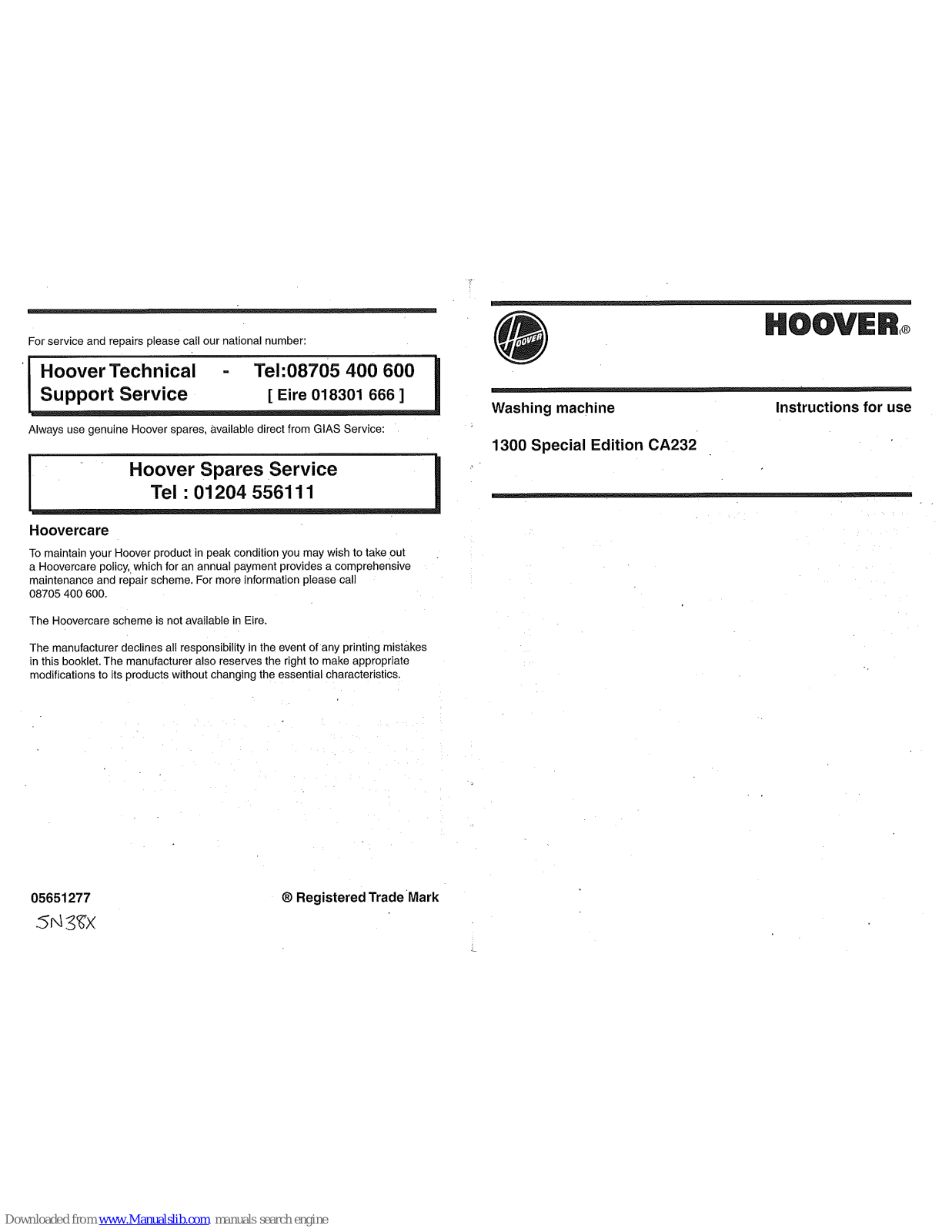 Hoover CA 232 Instructions For Use Manual