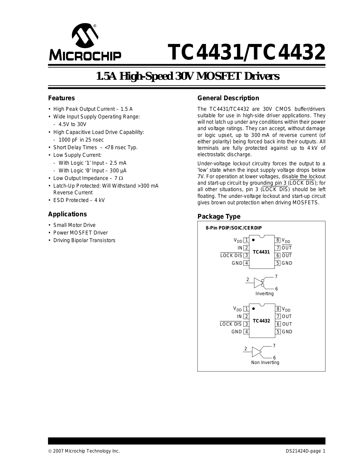 MICROCHIP TC4431, TC4432 Technical data