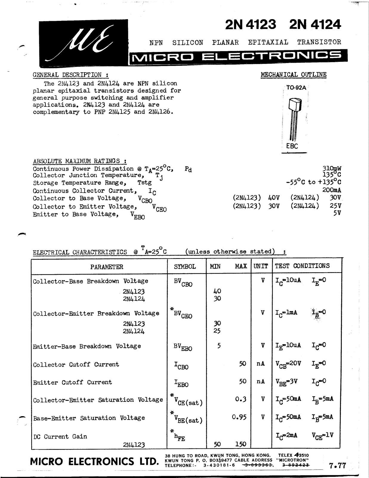 ME 2N4124, 2N4123 Datasheet