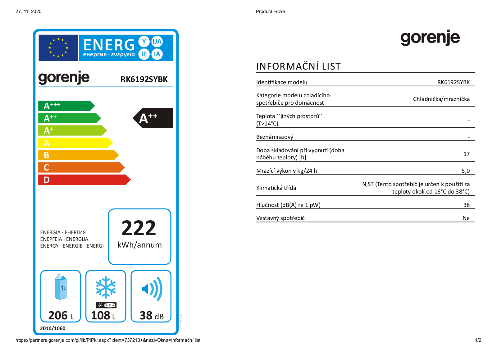 Gorenje RK6192SYBK Information sheet