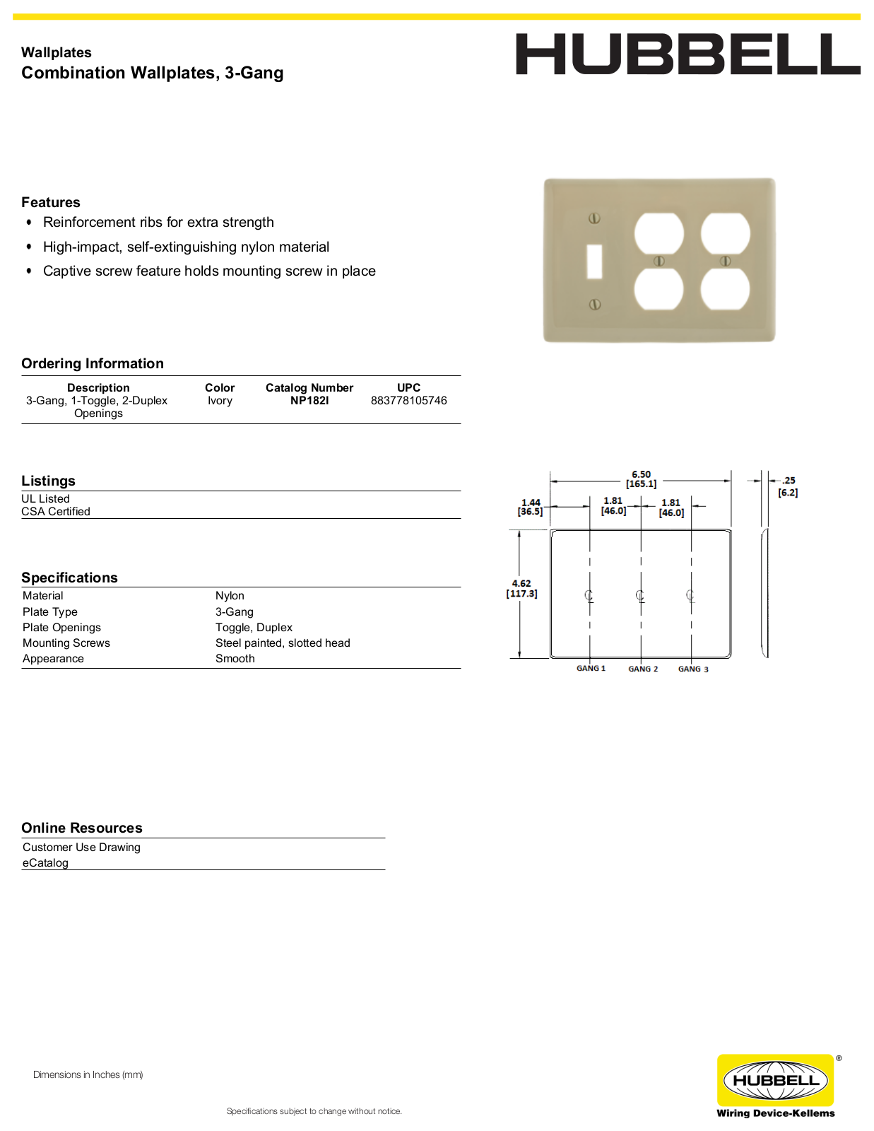 Hubbell NP182I Specifications