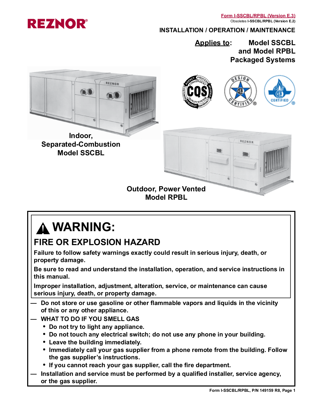 Reznor SSCBL 700, SSCBL 400, SSCBL 500, SSCBL 800, SSCBL 1050 Installation, Operation And Maintanance Manual - ManualMachine.com