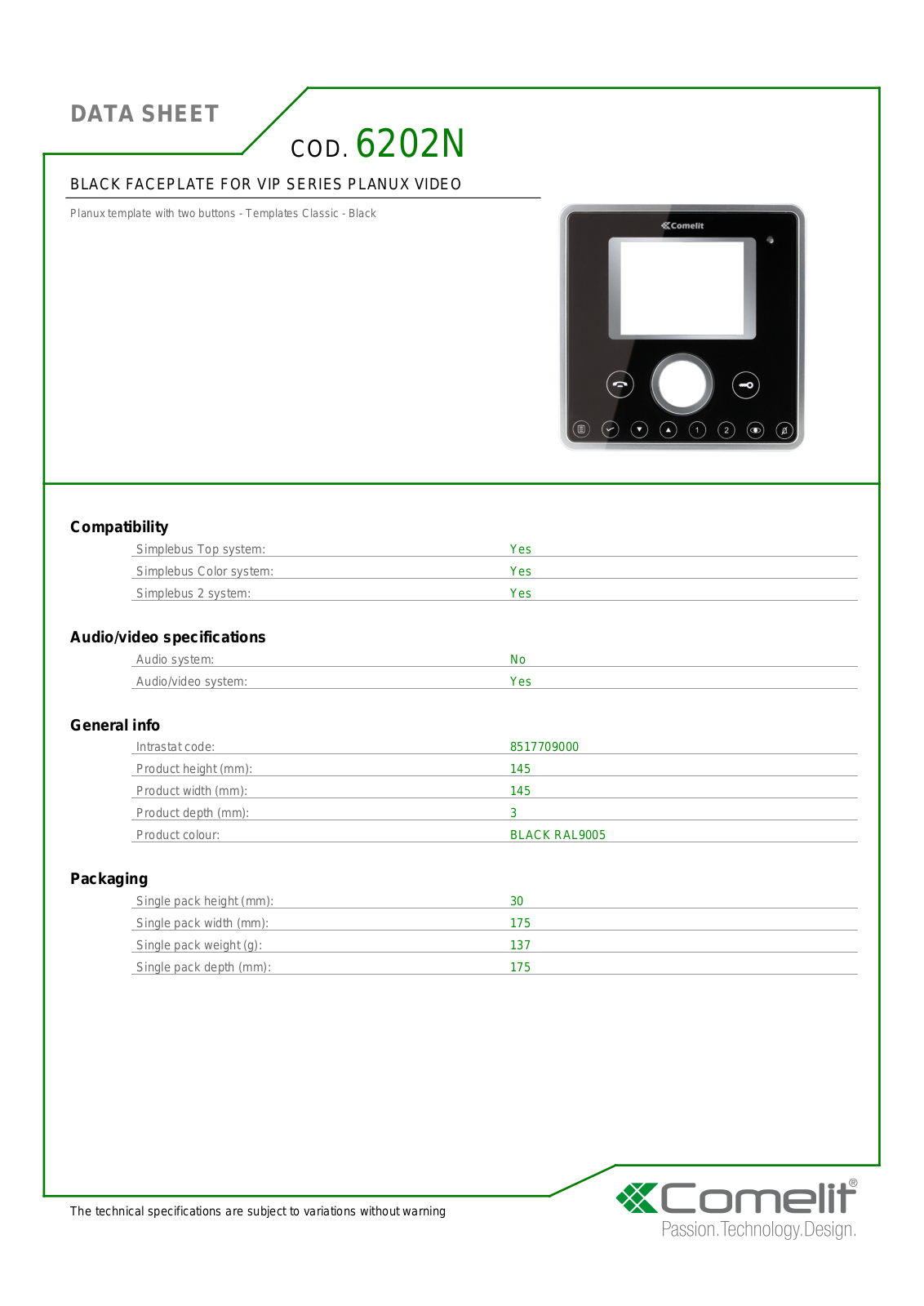 Comelit 6202N Specsheet