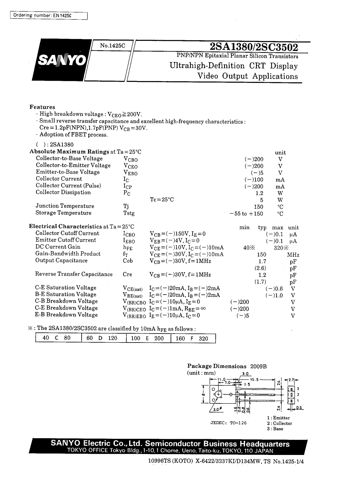 SANYO 2SC3502, 2SA1380 Datasheet