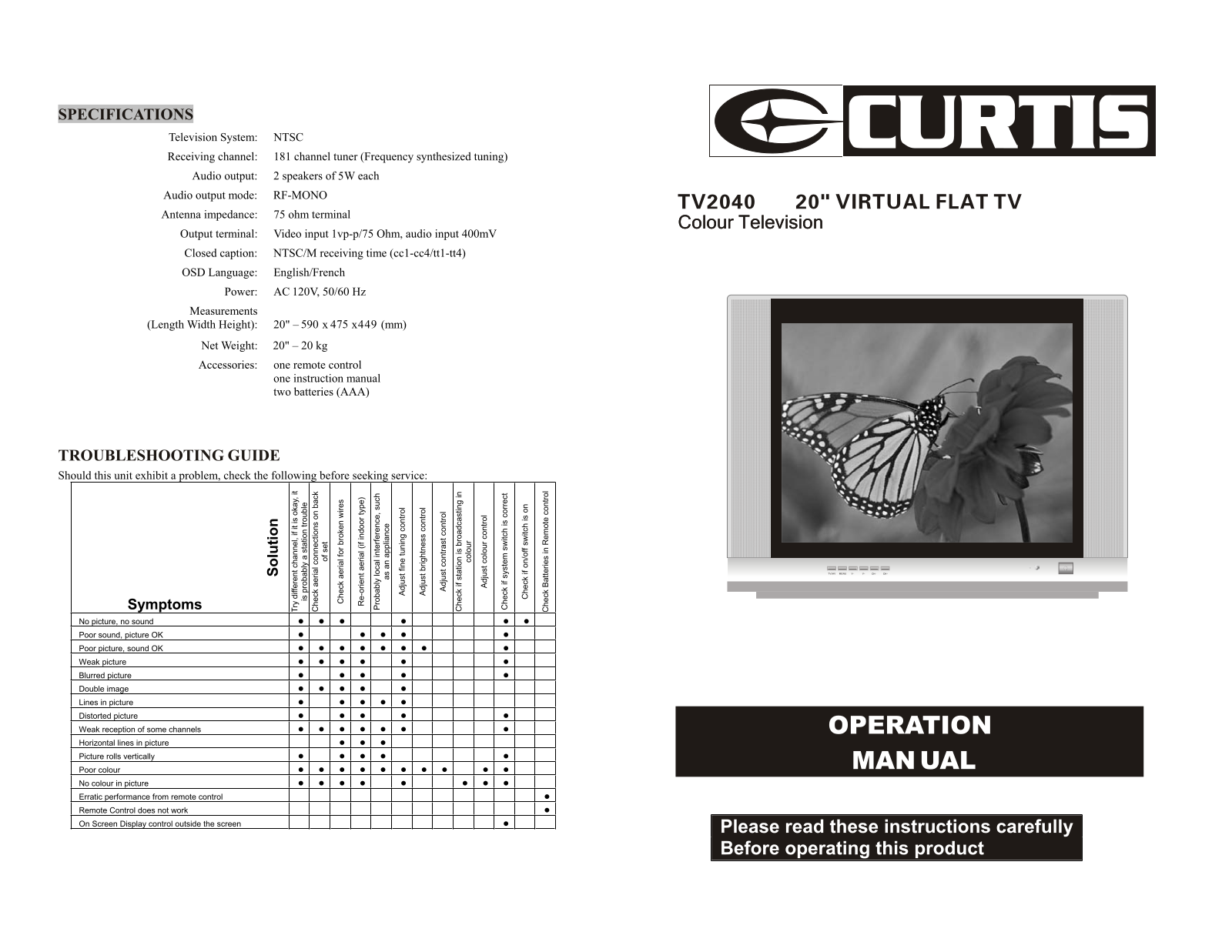 Curtis TV2040 User Manual