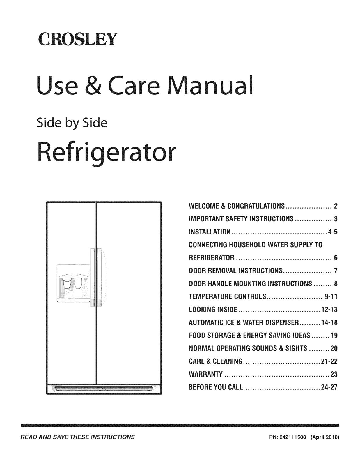 Crosley CRSH232PW2, CRSH237LB2, CRSS262QW3, CRSS262QW2, CRSS262QW1 Owner’s Manual