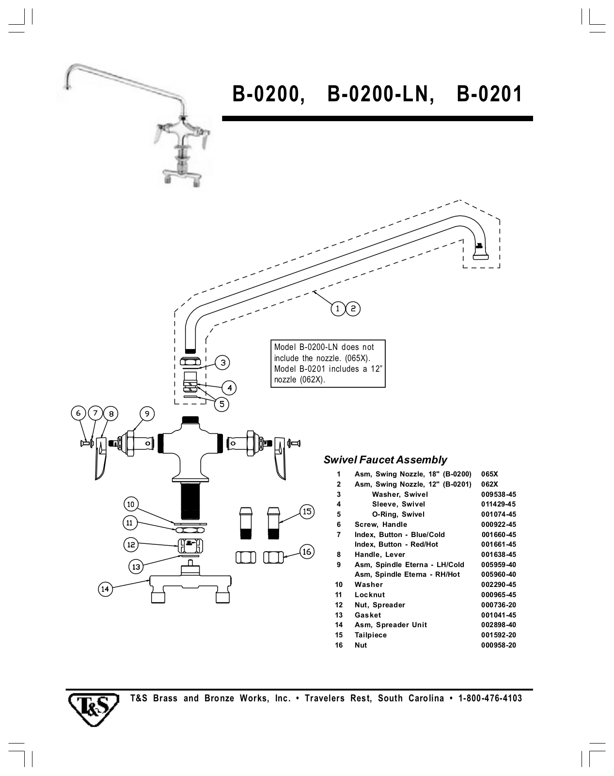 T & S Brass & Bronze Works B-0200, B-0200-LN, B-0201 Part Manual