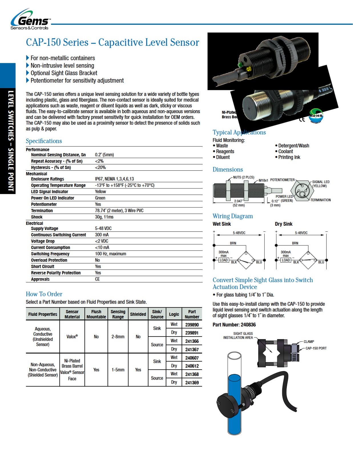 Gems Sensors & Controls CAP 150 Series Catalog Page