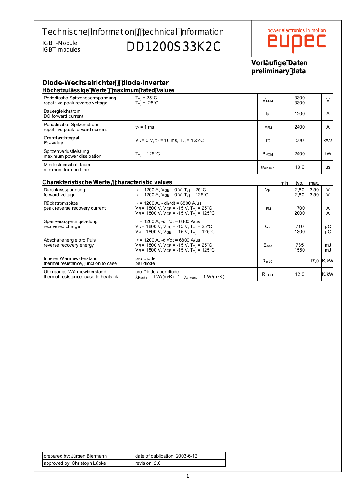 Infineon DD1200S33K2C Data Sheet