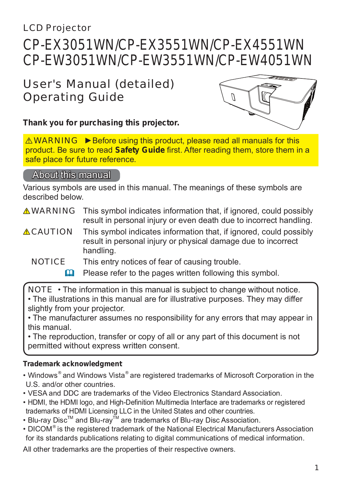 Hitachi CP-EX3551WN, CP-EX3051WN, CP-EW4051WN, CP-EW3551WN, CP-EW3051WN User Manual