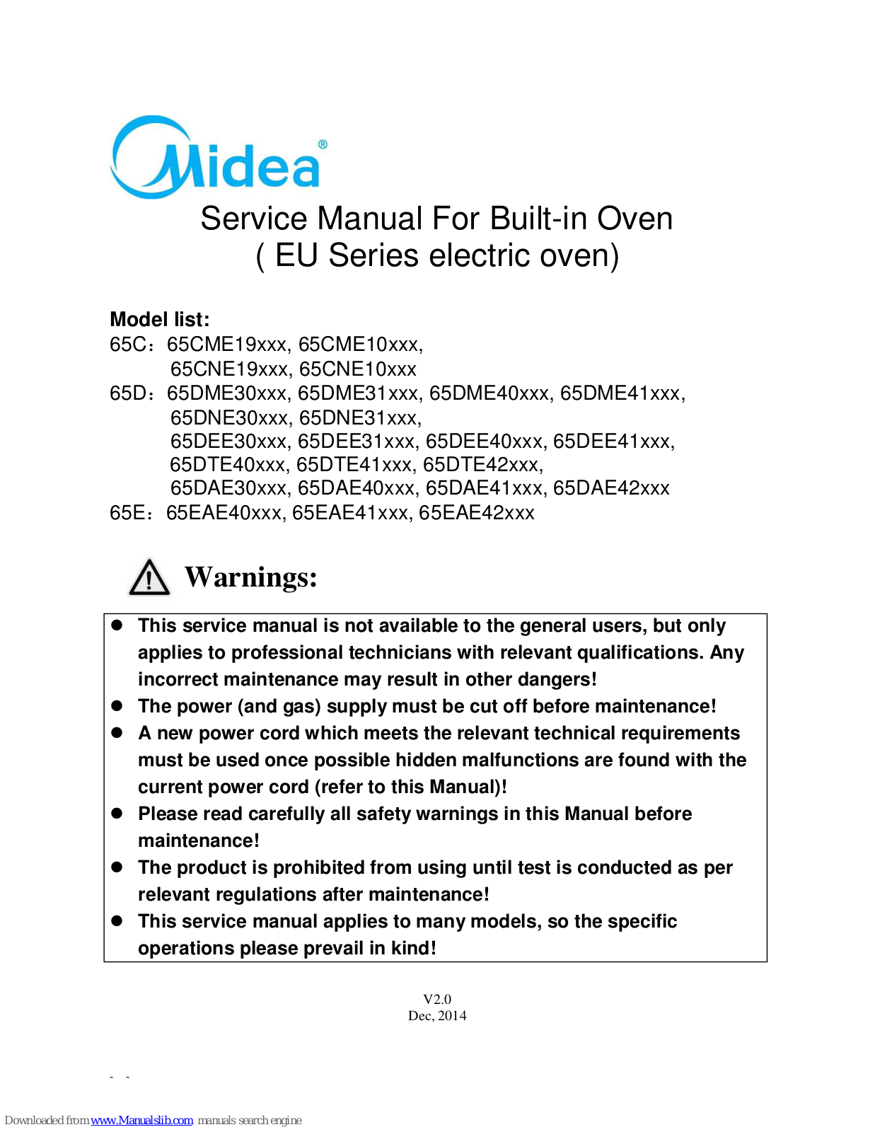 Midea 65DME31 series, 65CNE19 series, 65CNE10 series, 65DME30 series, 65DME40 series Service Manual