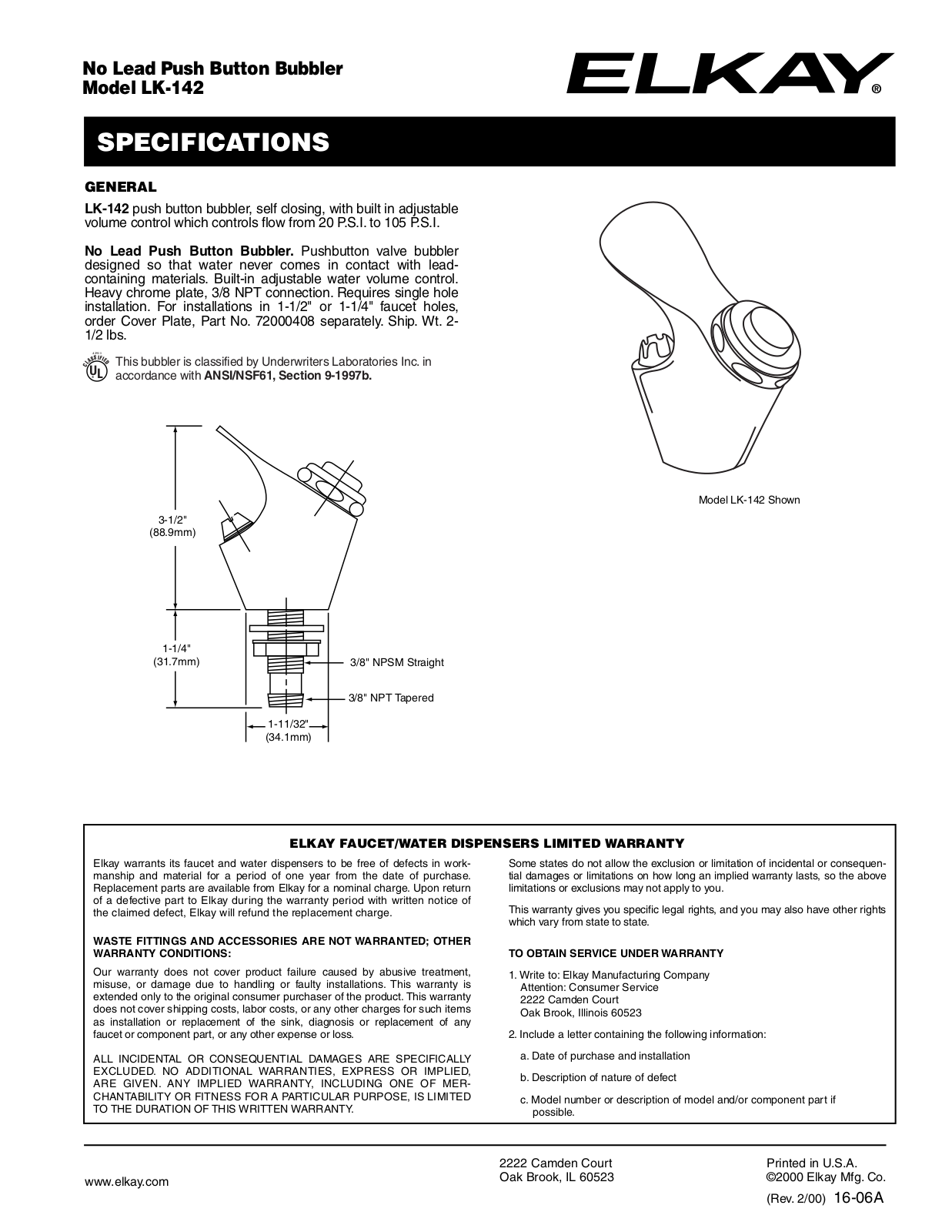 Elkay LK-142 Parts List