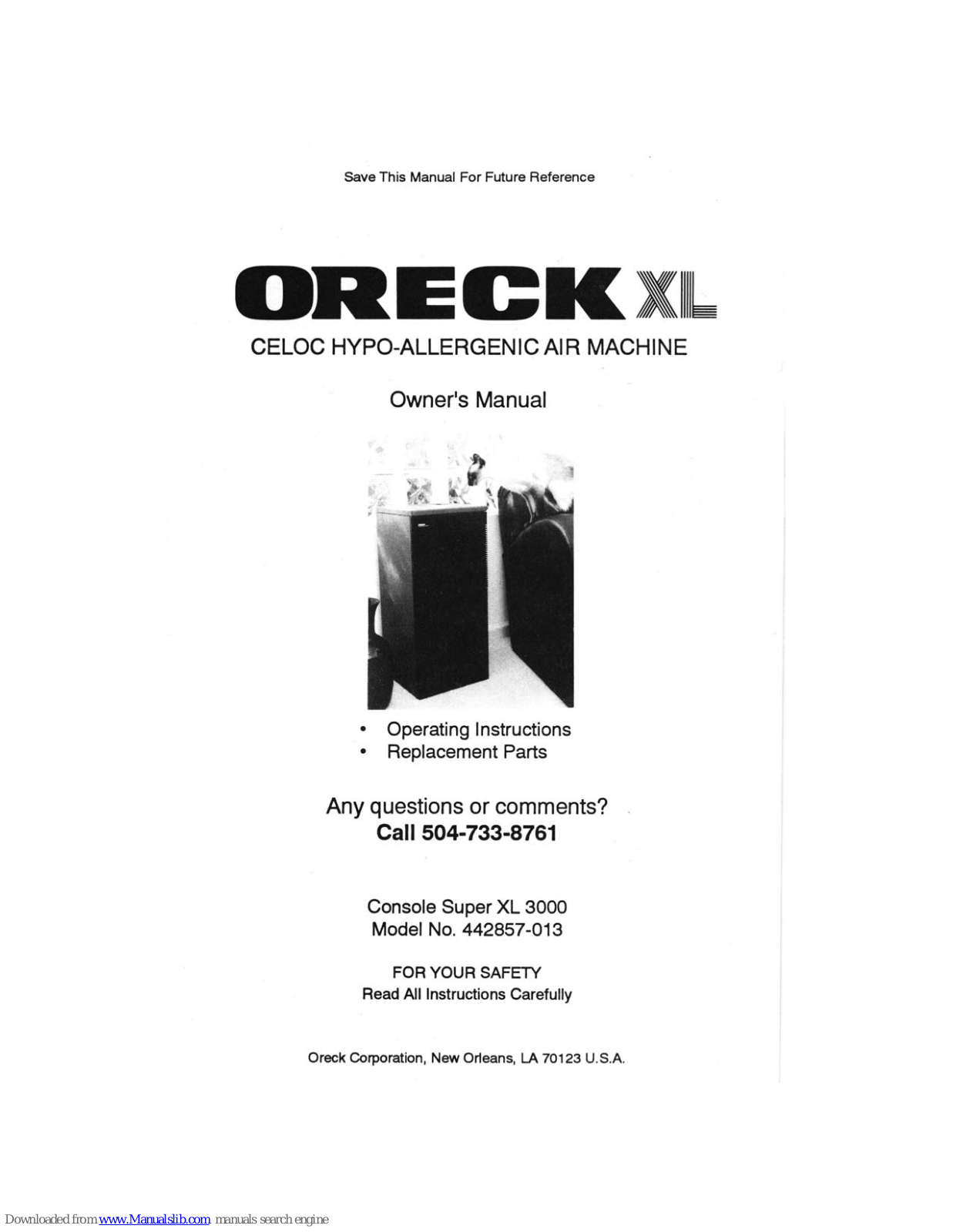 Oreck Air3000, Console Super XL 3000, 442857-013 Owner's Manual