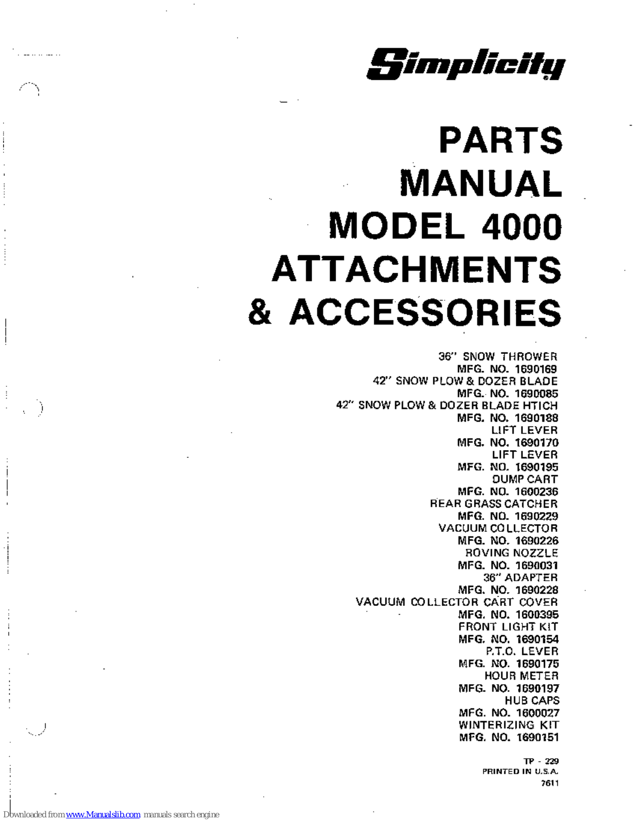 Simplicity 1690170, 1690169, 1690085, 1690188, 1690195 Parts Manual