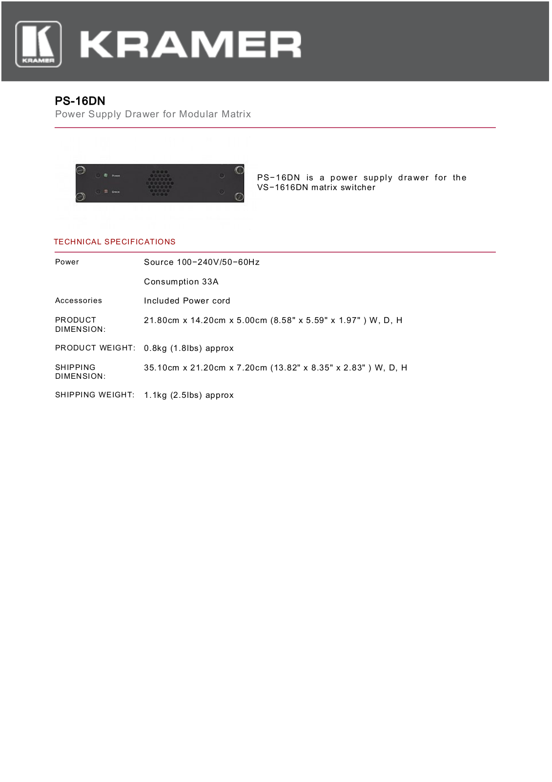 Kramer PS-16DN Data Sheet