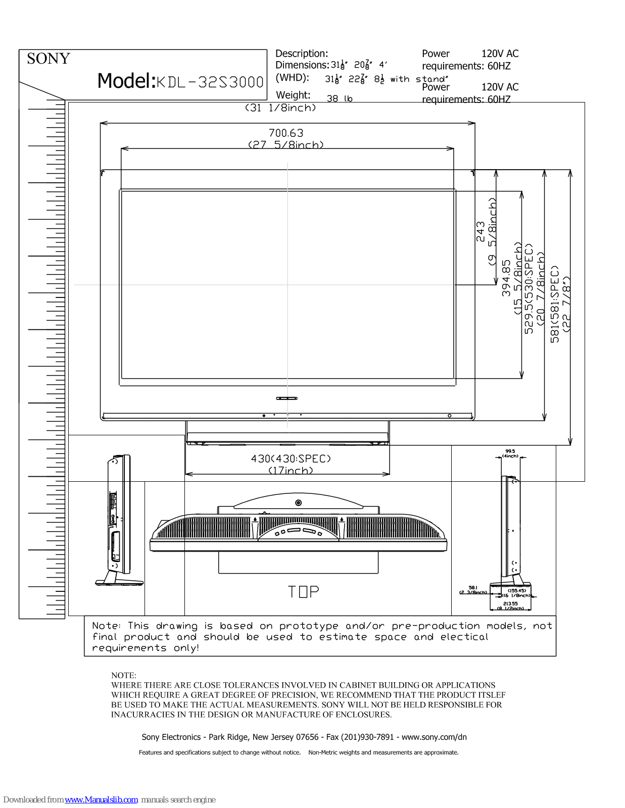 Sony KDL-32S3000R, KDL-32S3000P, KDL-32S3000W, KDL-32S3000 Dimensions - ManualMachine.com