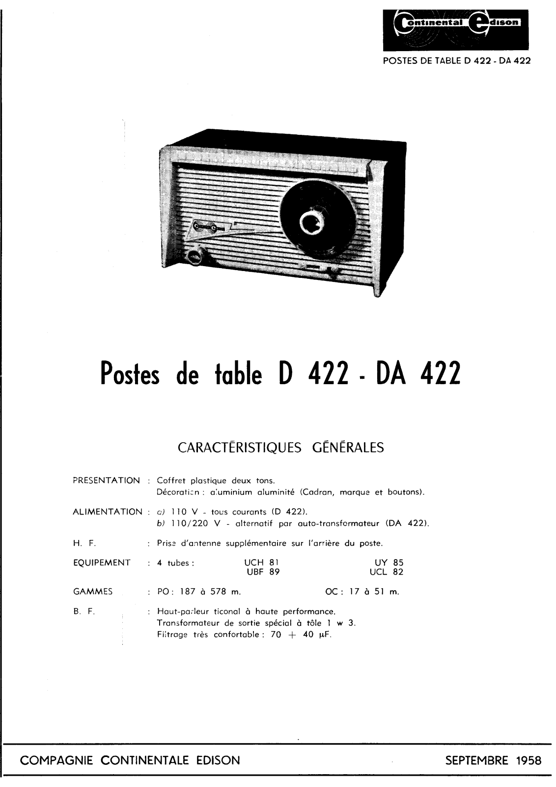 Continental Edison DA-422 Schematic