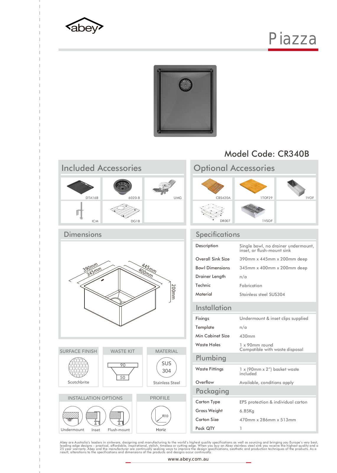 Abey CR340B Specifications Sheet