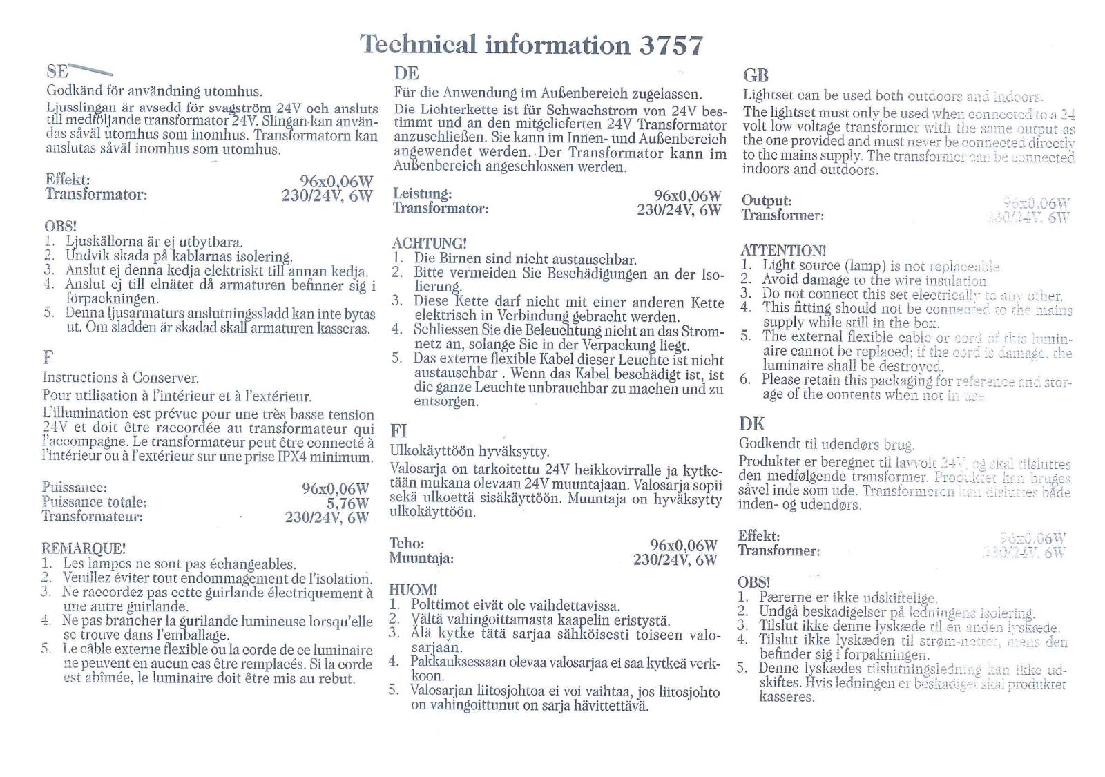 Konstsmide 3757 Technical Information