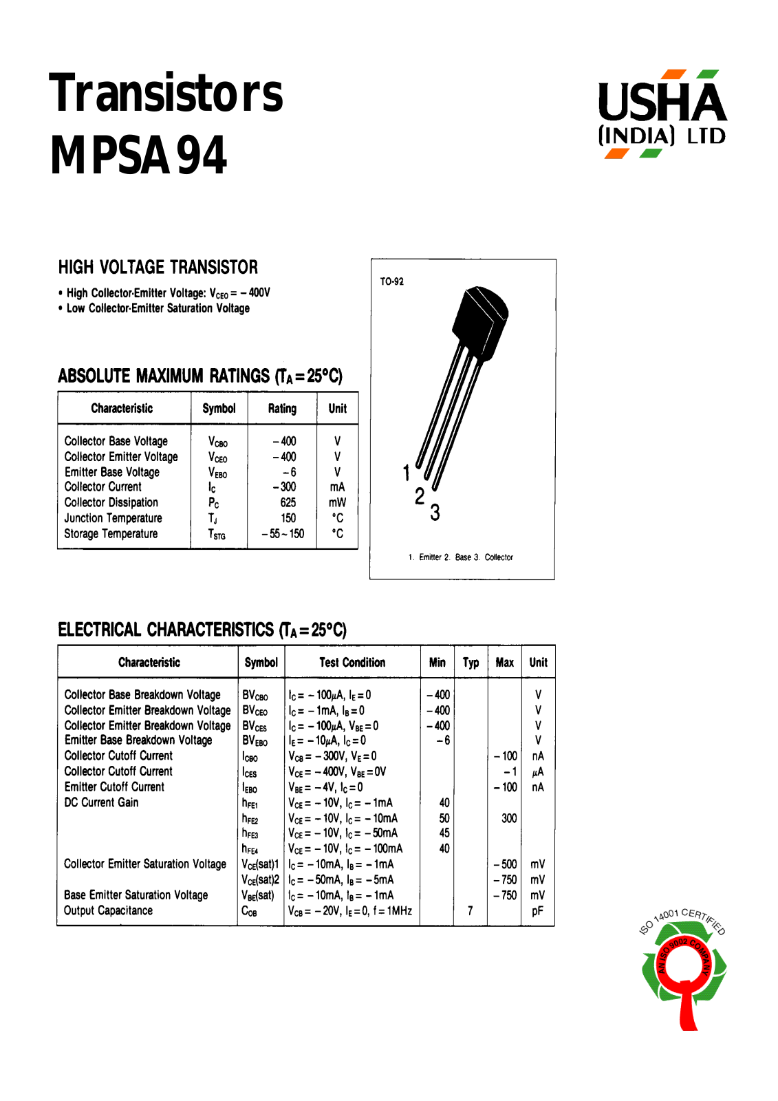 USHA MPSA94 Datasheet