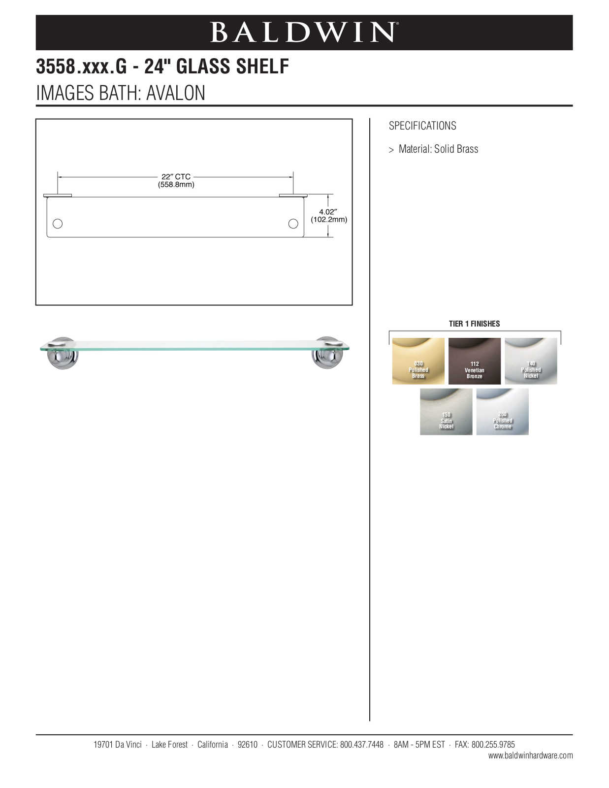 Baldwin Avalon 24 Glass Shelf User Manual