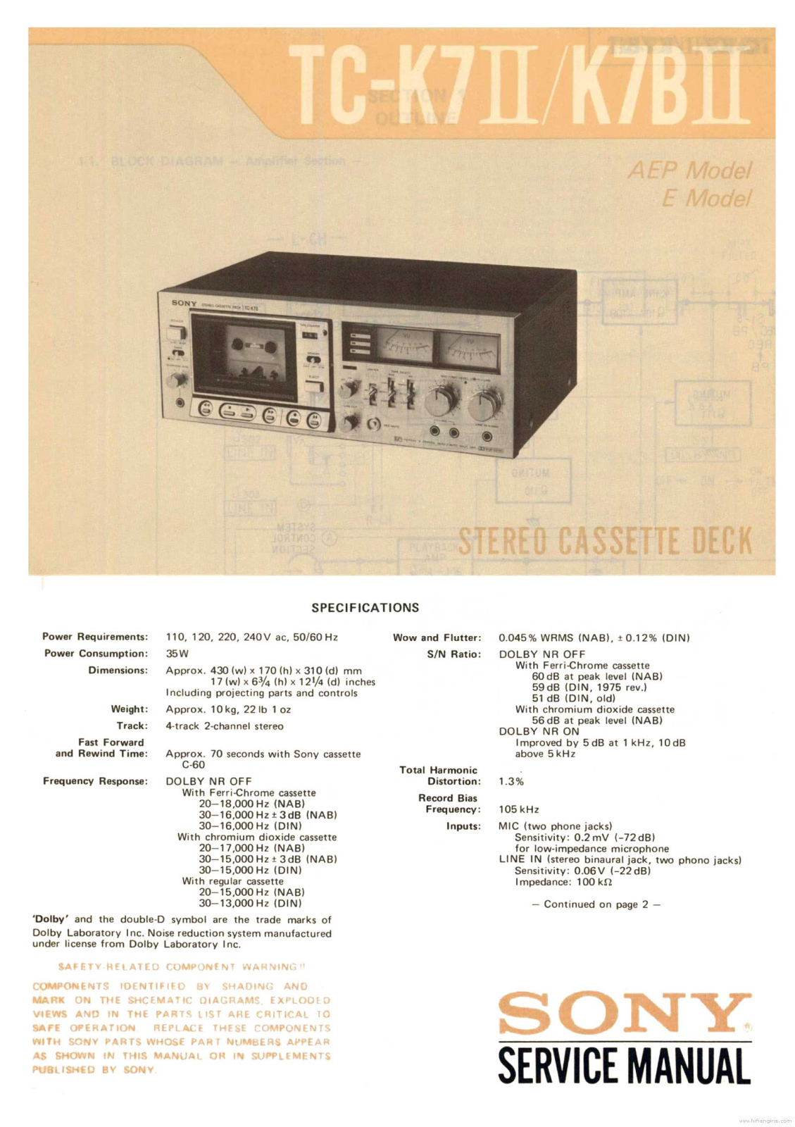 Sony TC-K7II, TC-K7BII Service Manual