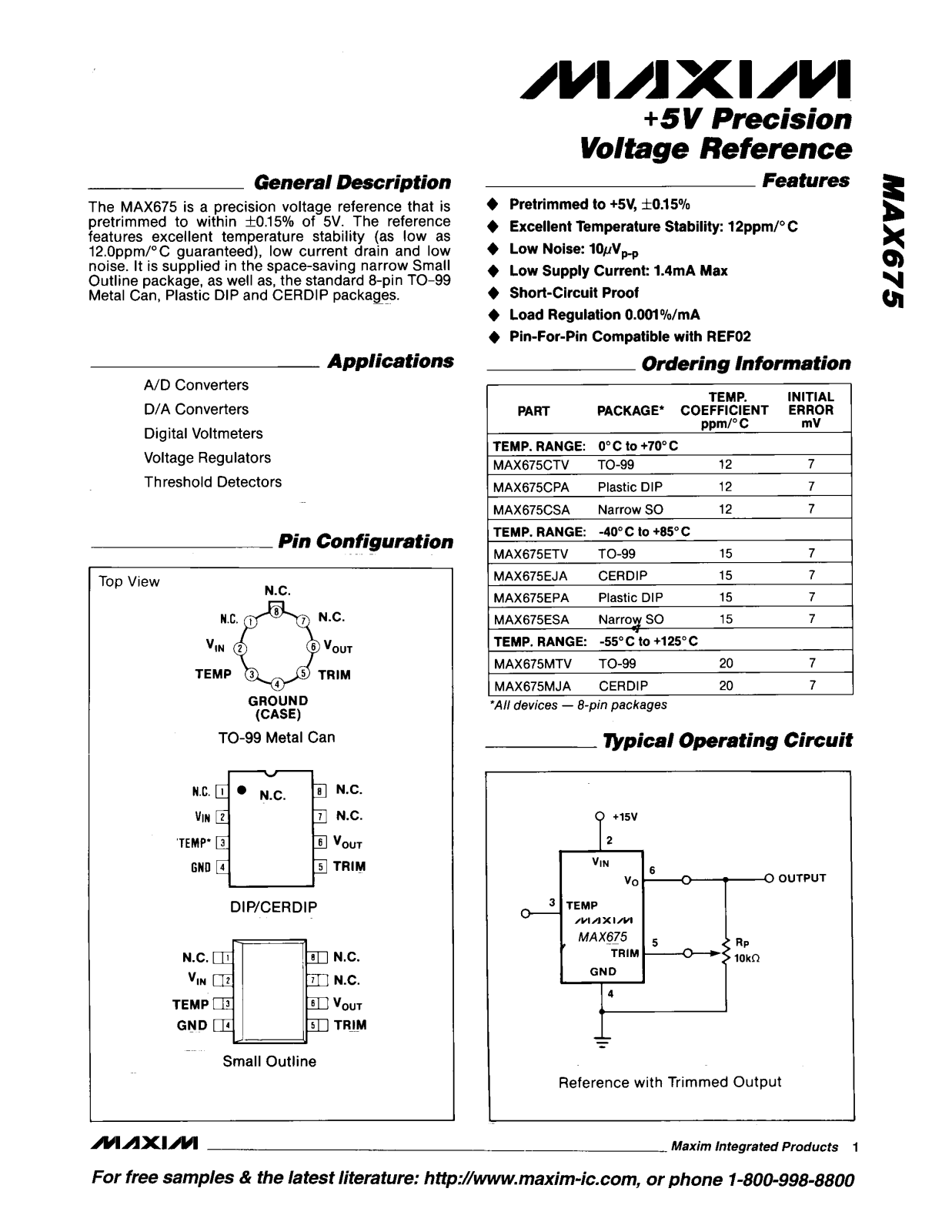 Maxim MAX675MTV, MAX675EPA, MAX675ESA, MAX675ETV, MAX675CSA Datasheet