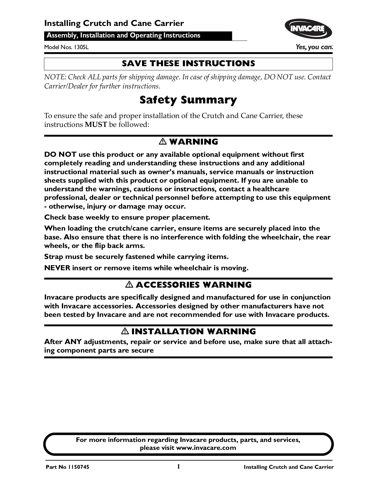 Invacare 1305L User Manual