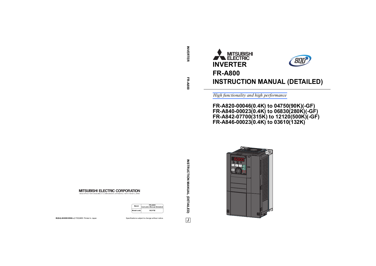 Mitsubishi FR-A820-00105-GF (1.5K), FR-A820-00167 (2.2K), FR-A820-00077 (0.75K), FR-A820-00250-GF (3.7K), FR-A820-00167-GF (2.2K) Instruction Manual